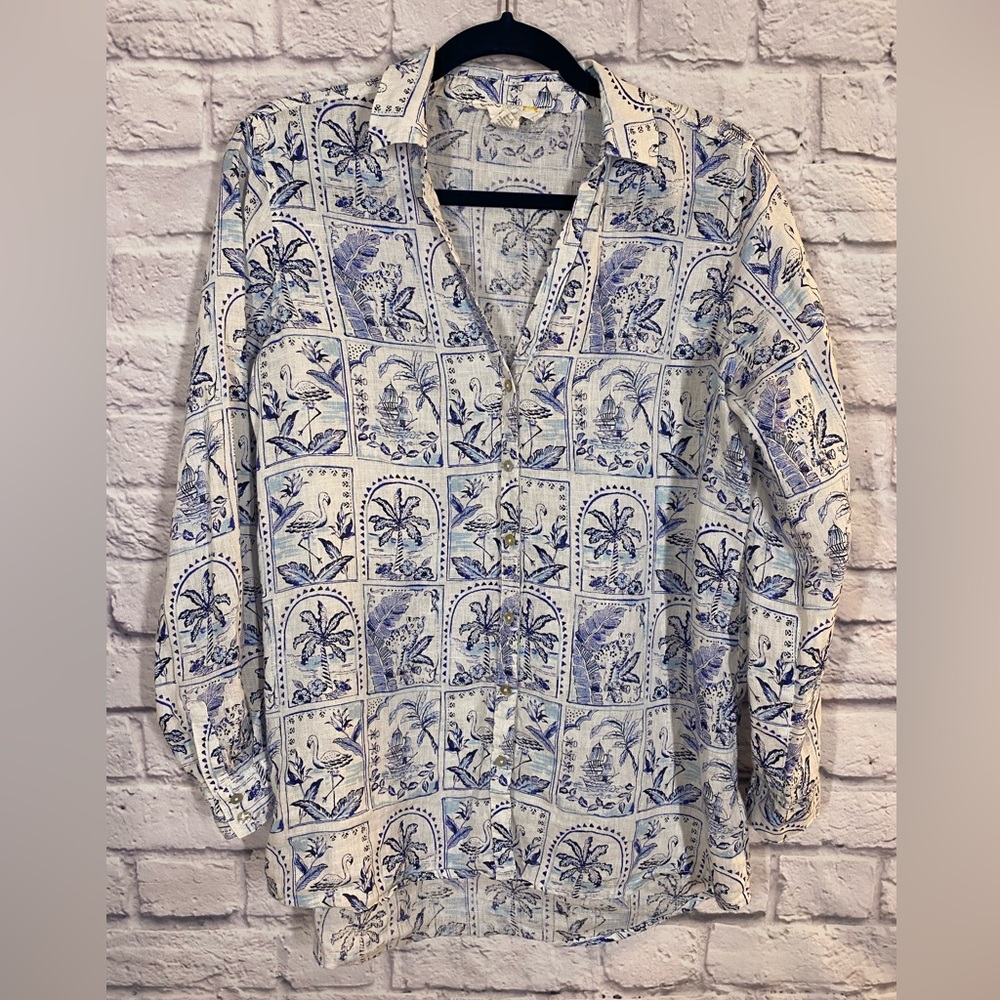 C&C California 100% Linen Button-Up Shirt Blue White Scenic Patchwork Print Sz S